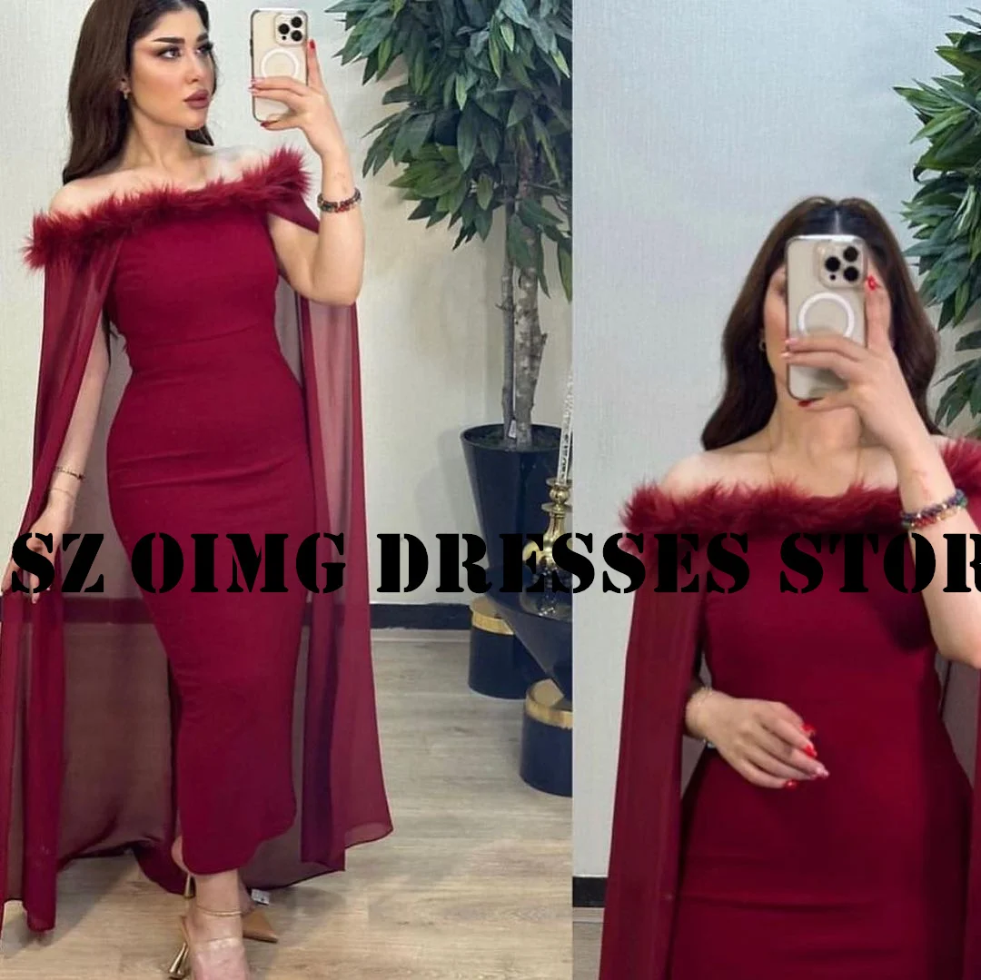 

OIMG New Design Feathers Prom Dresses Arabic Women Cape Sleeves Chiffon Burgundy Ankle Length Evening Gowns Formal Party Dress