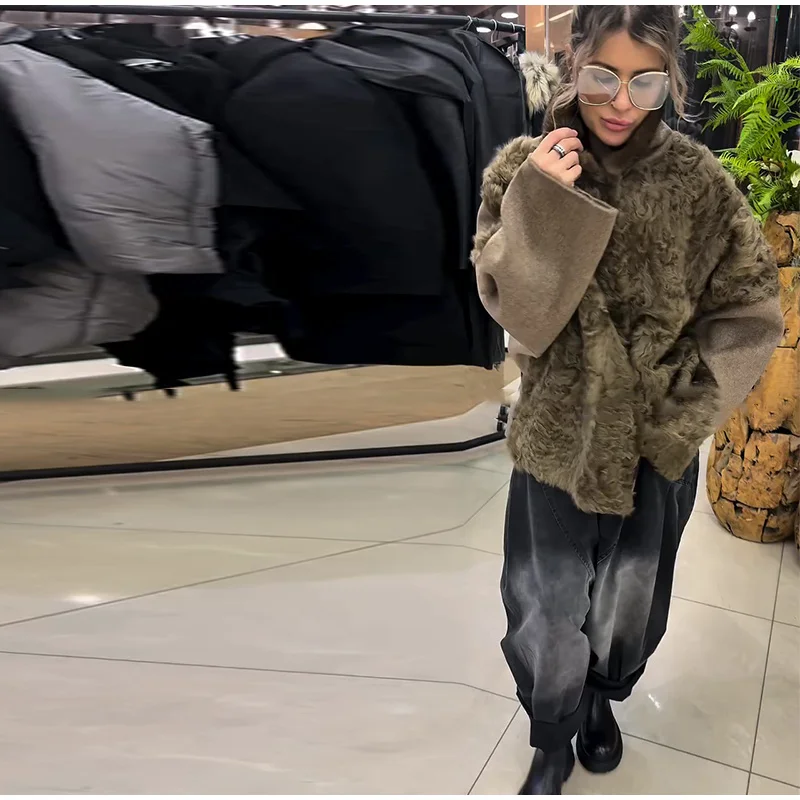 Faux Fur Patchwork Jacket – Women's Woolen Winter Coat With Belted Stand Collar
