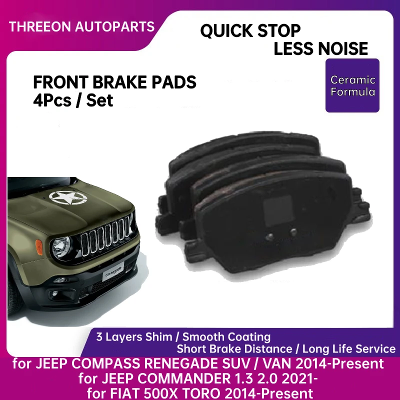 THREEON Front Ceramic Brake Pad for JEEP COMPASS RENEGADE SUV / VAN 2014-Present JEEP COMMANDER-FIAT 500X TORO 2014-Pre
