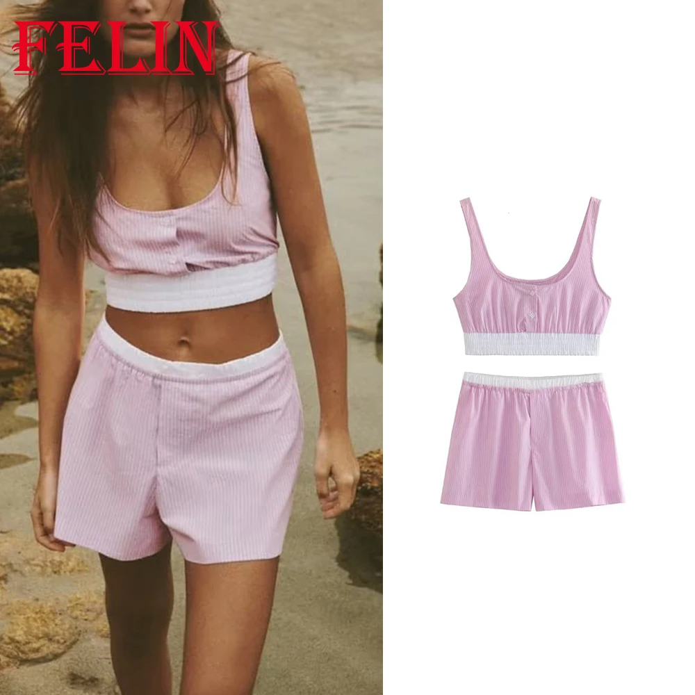 

TRAF 2023 Summer Women Casual Striped Suit Sleeveless Slim Short Spliced Button Vest+Elastic Waist Mini Shorts Women Casual Sets