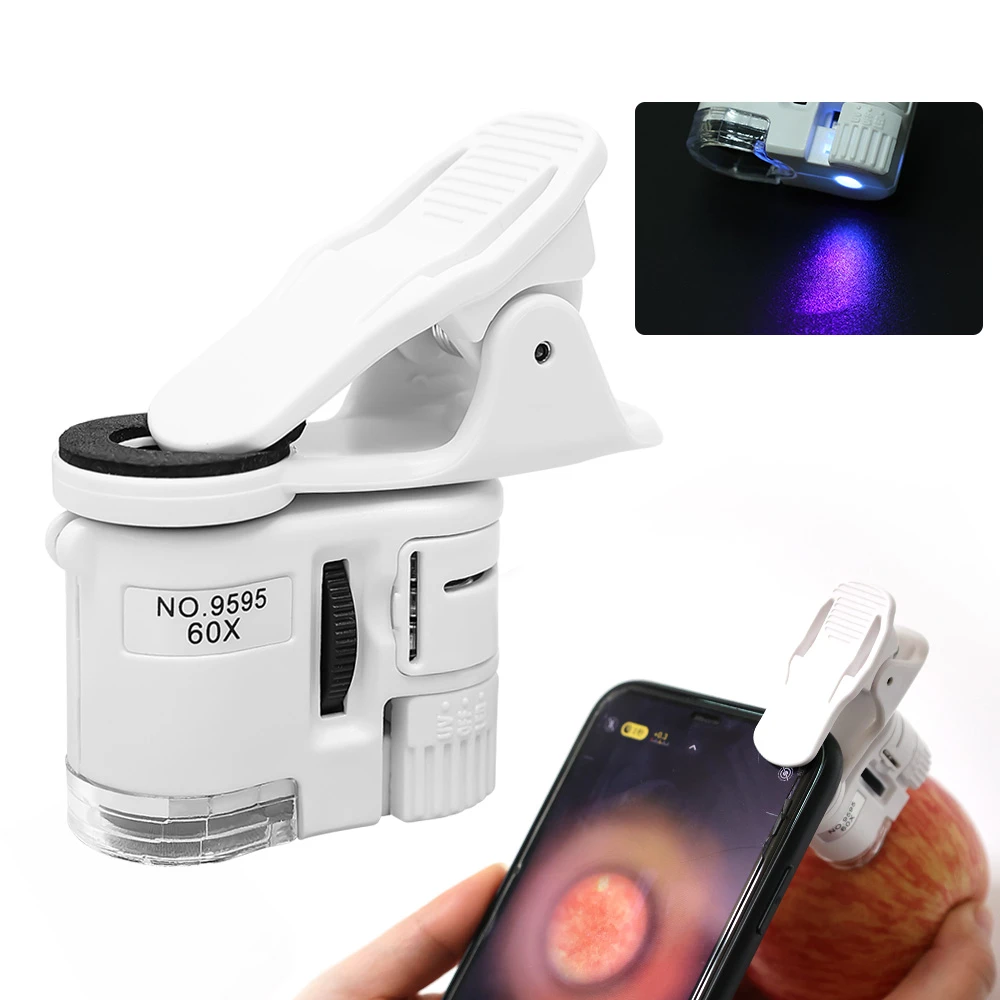 Universal Clip Microscope 60X LED Jewelry Magnifying Glass Focusing Adjusted Pocket Microscope with Cell Phone Clip Microscope best telephoto camera phone