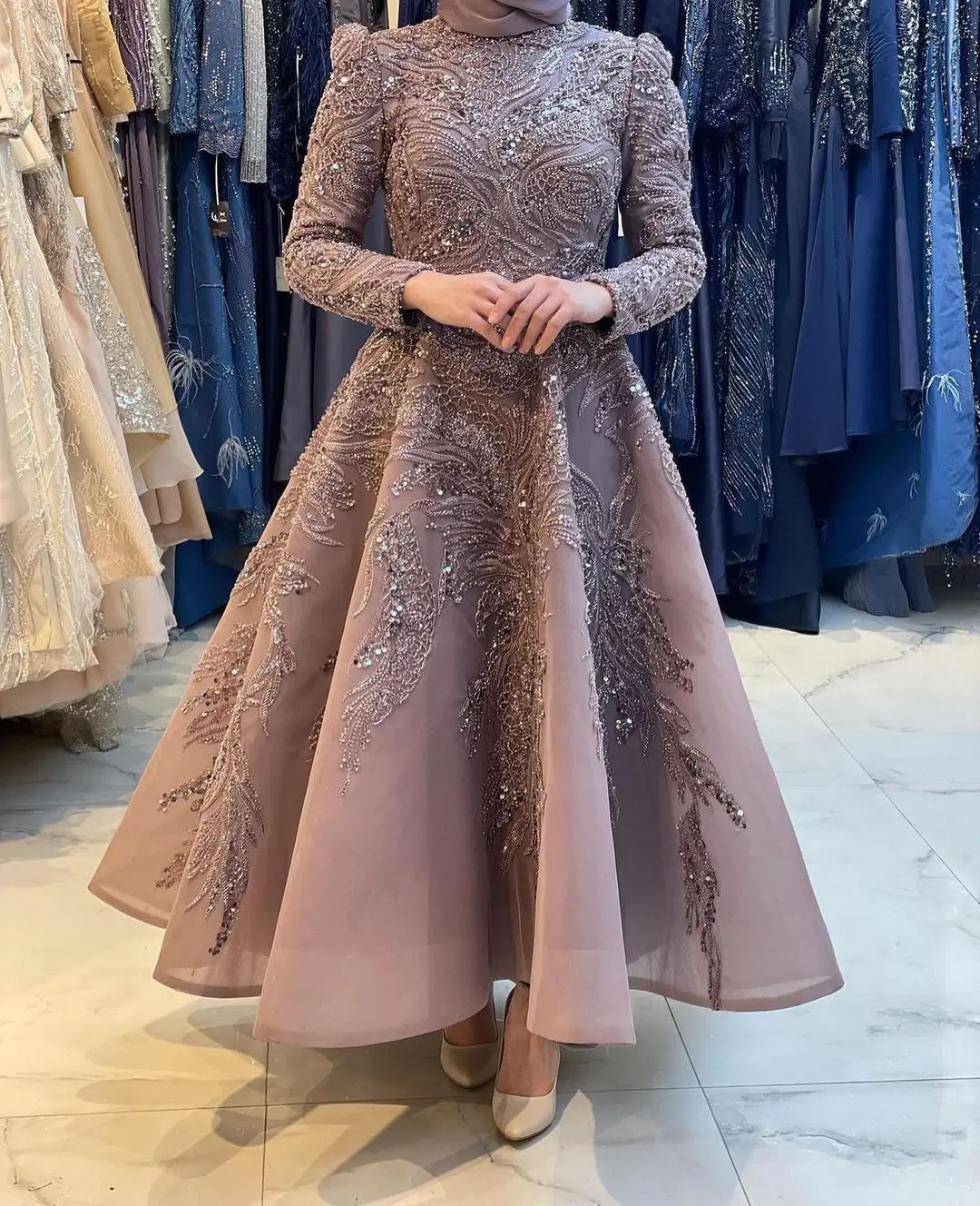 

Muslim Full Sleeves Prom Dress Luxury Dubai Abiye Beading Appliques Midi Arabic Formal Evening Party Gowns Abendkleider