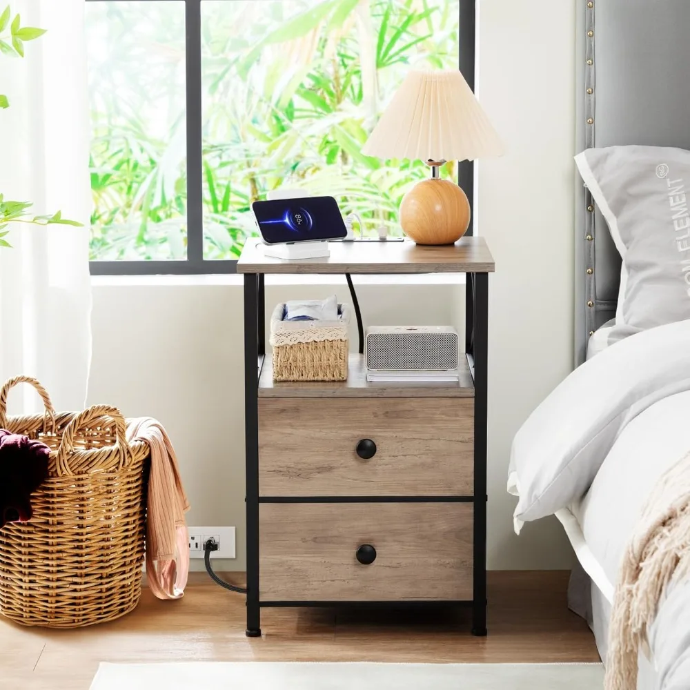 Night Stand Set 2, Nightstand with Charging Station, End Tables Living Room with USB Ports and Outlets 2