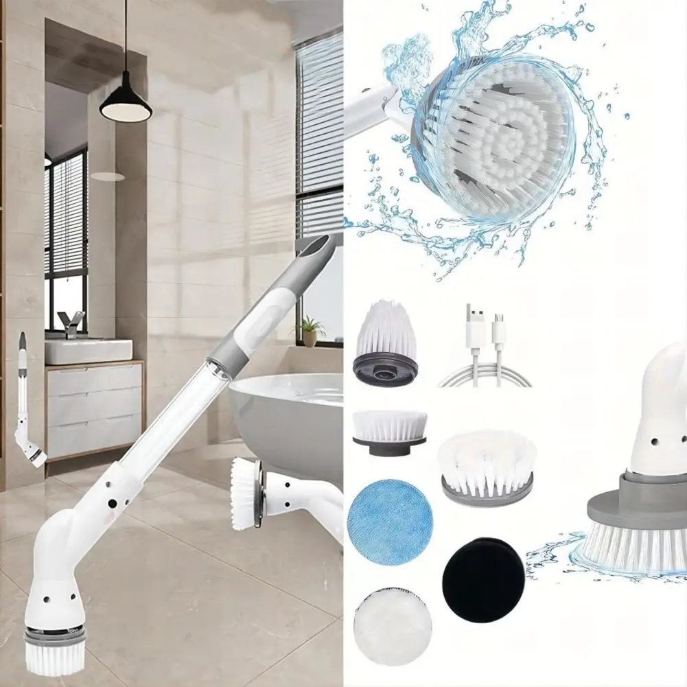 Dust Cleaning Brush Adjustable Cordless Cleaning Brush With 6 Brush Heads For Bathroom Floor Tile