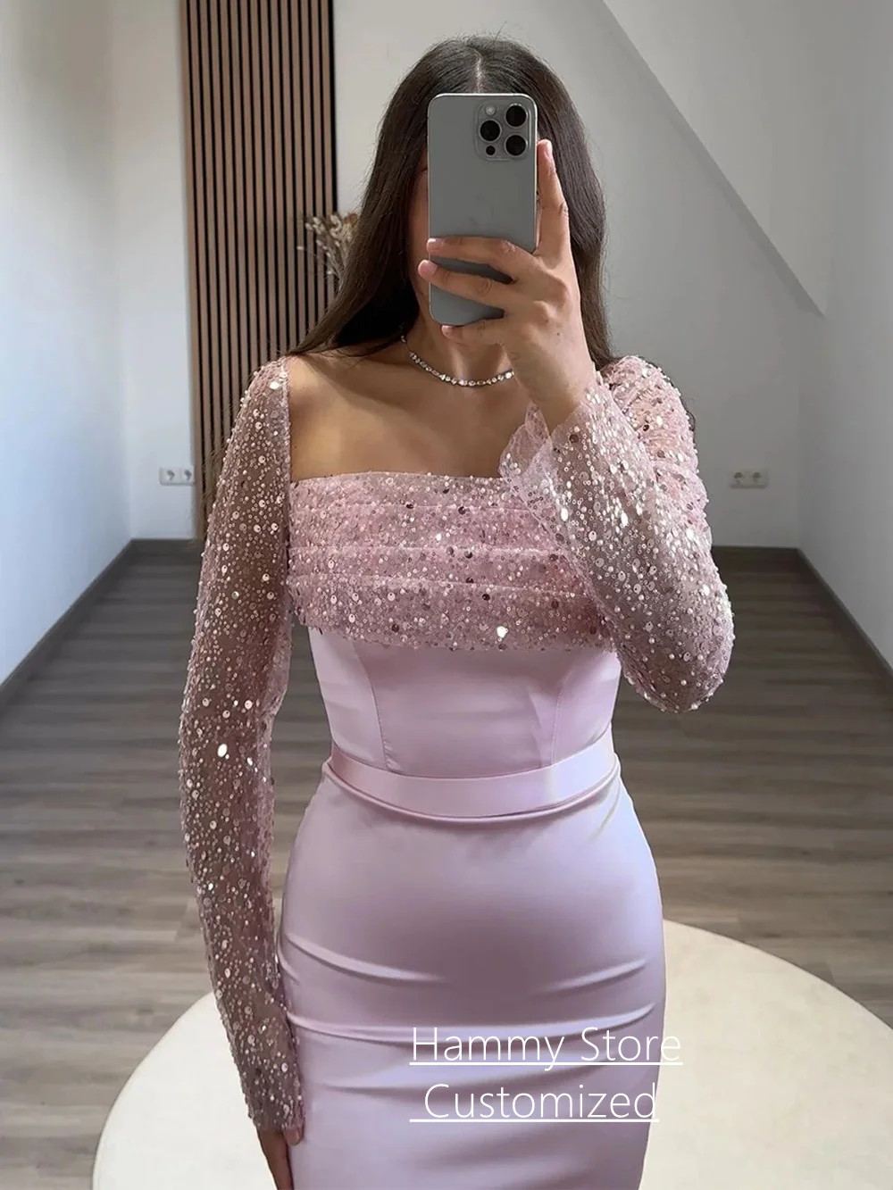 Pale Pink Evening Dress Customized Square Neck Long Sleeves Sequined Floor Length Satin Mermaid Prom Gown Pageant Party Dresses 2