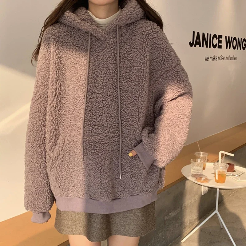 Women Korean Style Students Plus Size Hooded Pullover 2021 Oversized Hoodies Tops Winter Warm Wool Bear Ear Hooded Sweatshirt