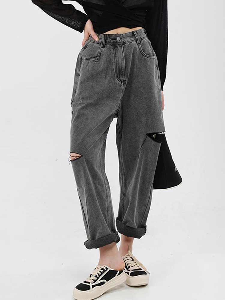 S-XXXXL Vintage Holes Baggy Jeans Women Pants Loose Casual Wide Leg Ankle-Length Trousers Girls Grey Denim Pants 2023 Fashion