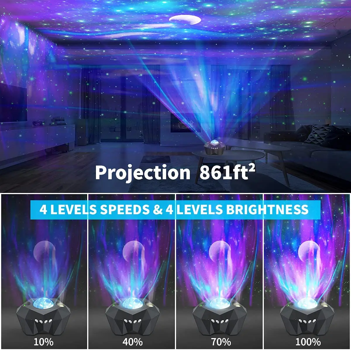 ✨Proyector de Aurora Boreal , Luna 🌜 y Estrellas 🌟 ✨Viene con Bluetooth  incorporado para conectar a tu teléfono 📱 ✨Trae 48 Efectos de iluminación  , 5, By Global CELL