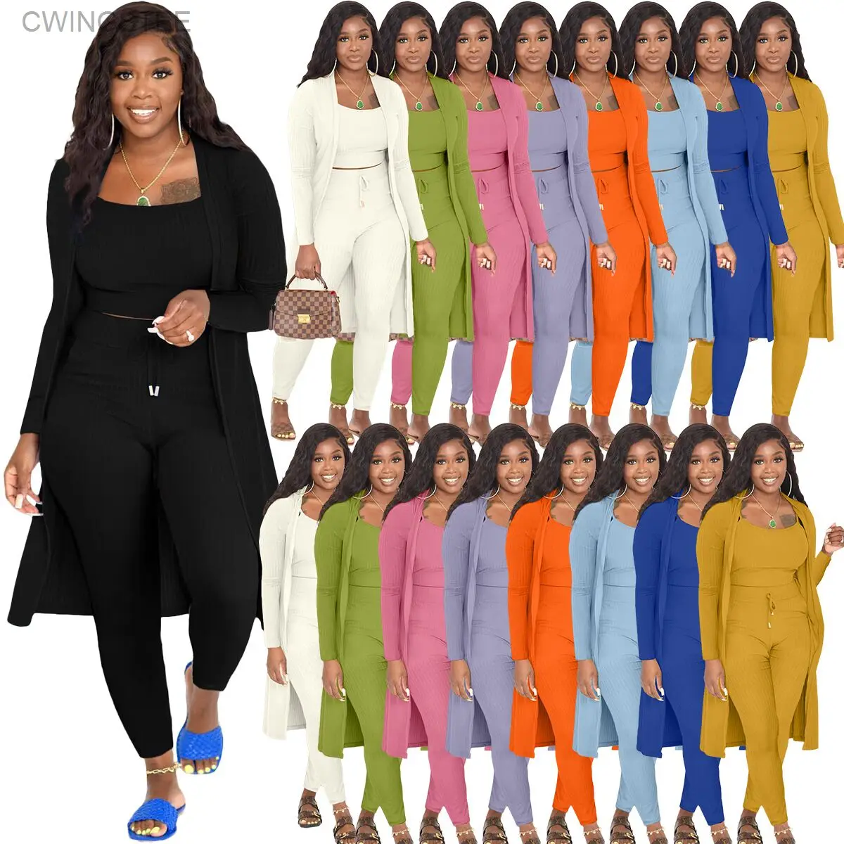 

Fashion Pijamas Women's Sling Long Cloak Pit Strip Solid Color 3-Piece Set Sleepwear