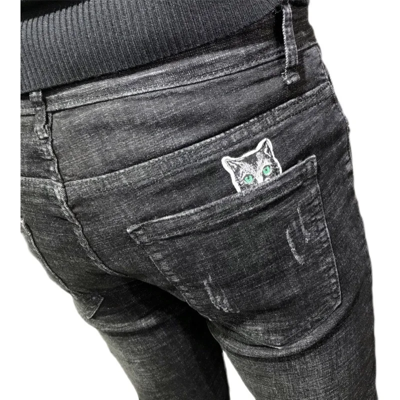 Hot  2022 Fashion casual Men's jeans spring autumn designer slim feet pencil pants simple cat printed scratch black trousers