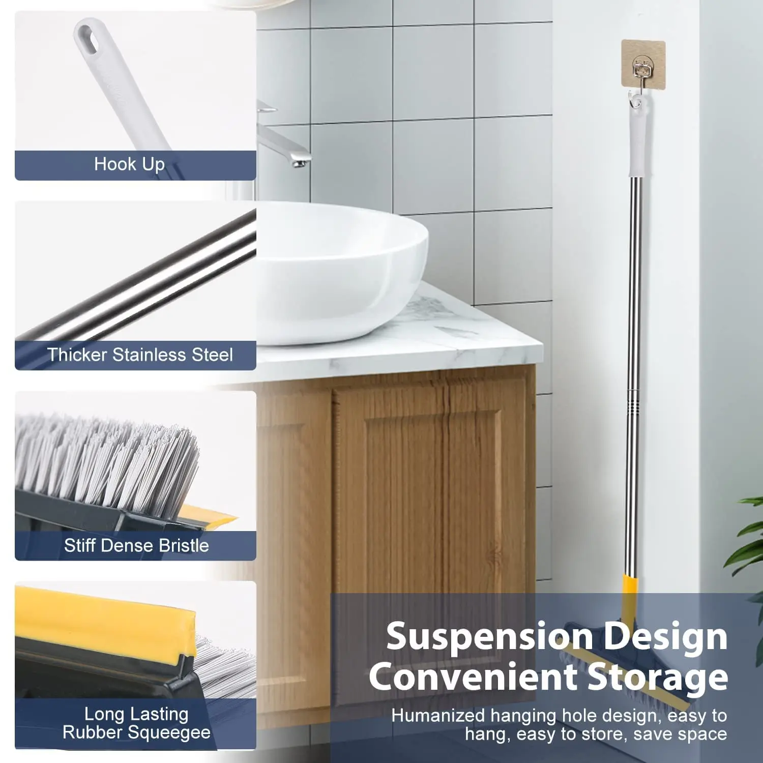 Scrub Brush Tile Cleaner Brush with Scraper with Squeeze 3-Section Adjustable Bathroom Brush with Long Handle V-Shaped Bristles