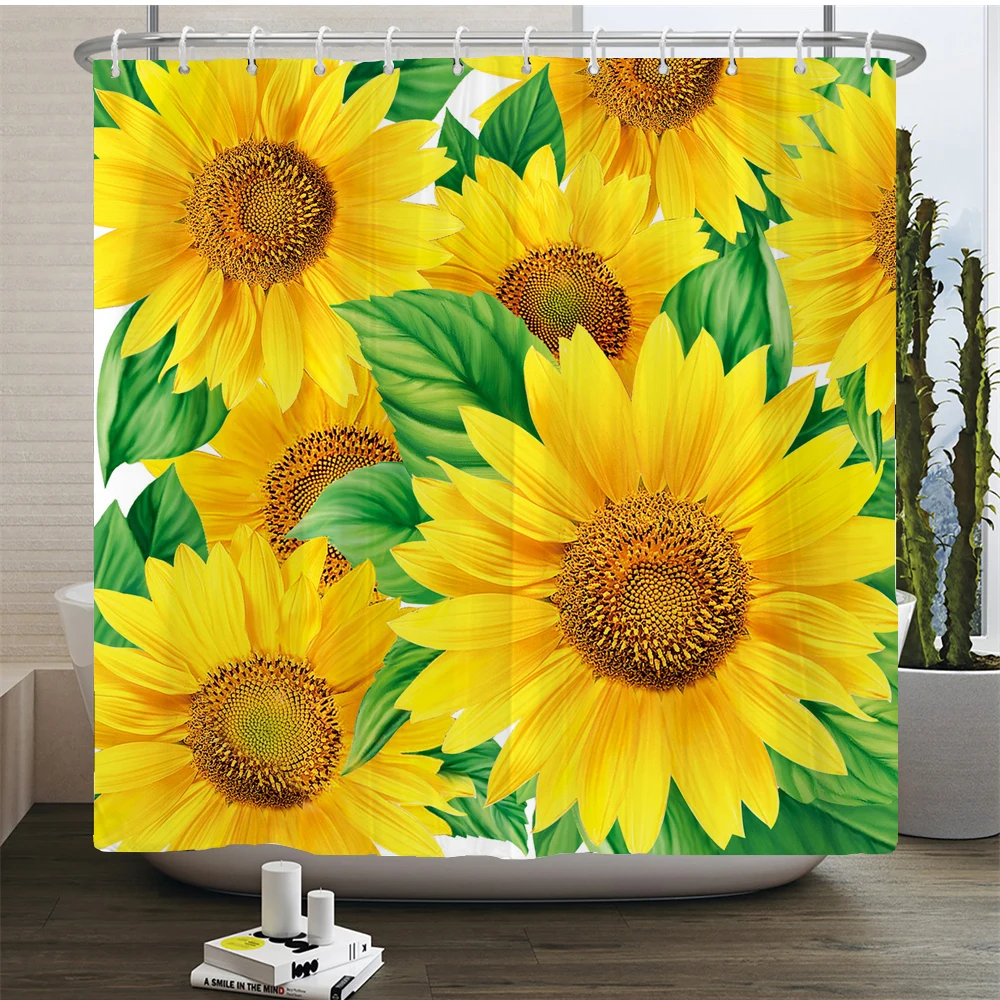 3D Flower Sunflower Plant Leaf Printed Shower Curtains Bathroom Curtain Frabic Waterproof Polyester Bathtub Screen with 12 Hooks shower curtains