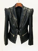 HIGH QUALITY Newest Fashion 2024 Designer Jacket Women's Rope Lacing Up Slim Fitting Leather Blazer 1