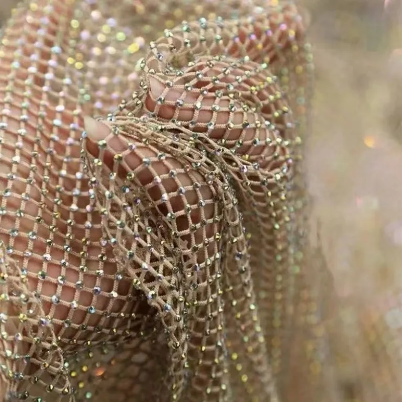 Luxurious High Gloss Elastic Diamond Mesh Fabric with Satin Belt Trim for DIY High-End Dressmaking
