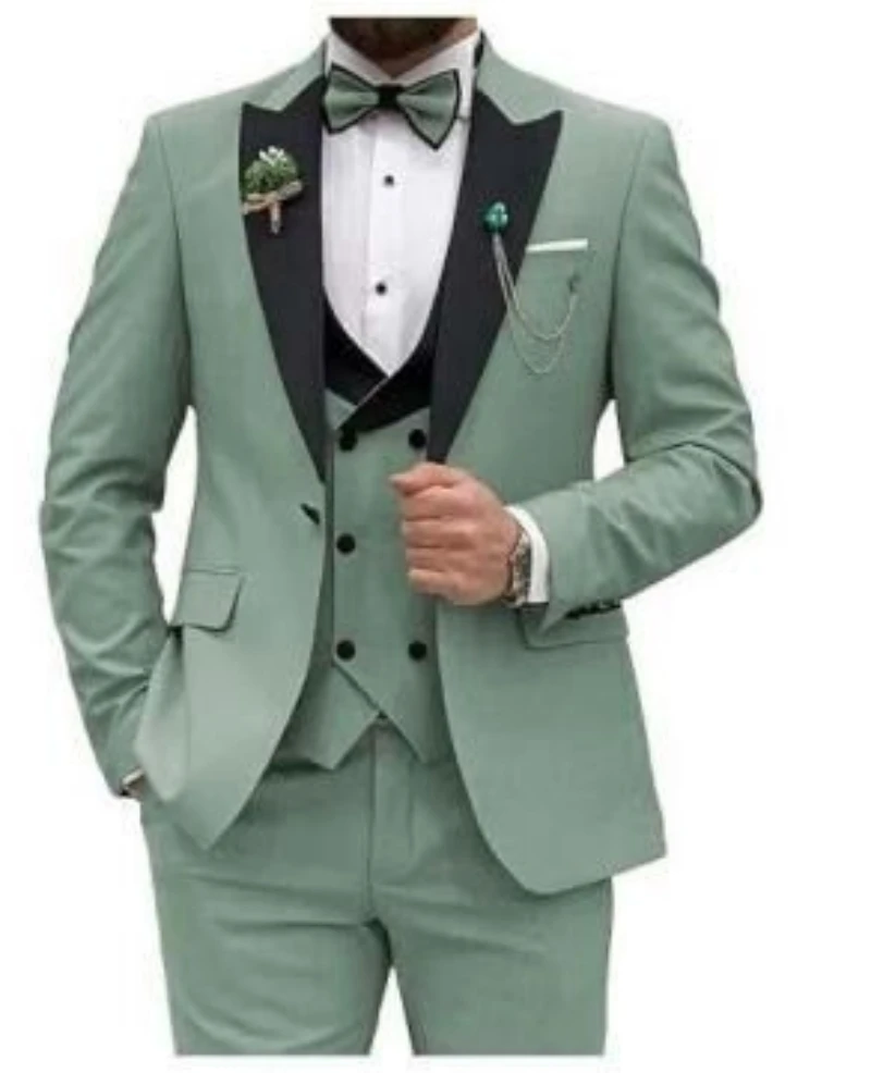 Elegant Matcha 3 Piece Men's Tuxedo Slim Fit Fashion Wedding Formal Peak Lapel Blazer Vest Pants Set for Party Homme Costume