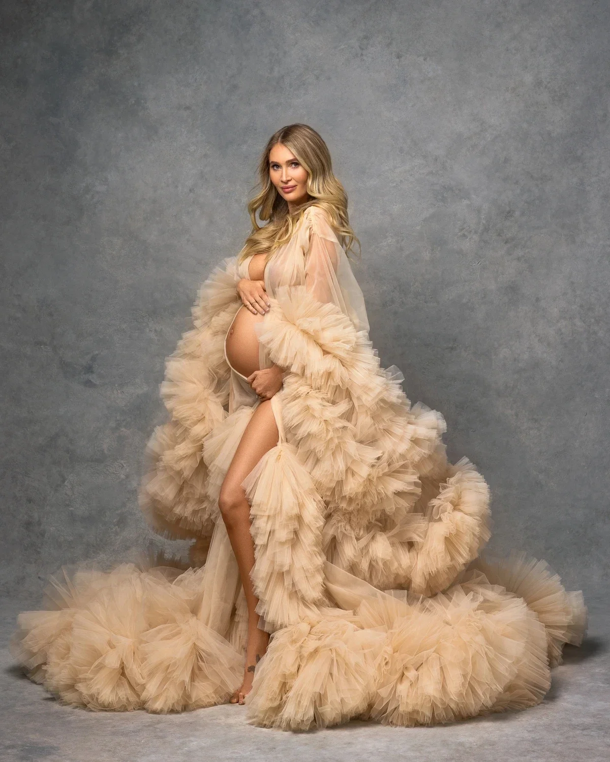 Puffy Ruffled Tulle Maternity Dress Women Robes for Photoshoot