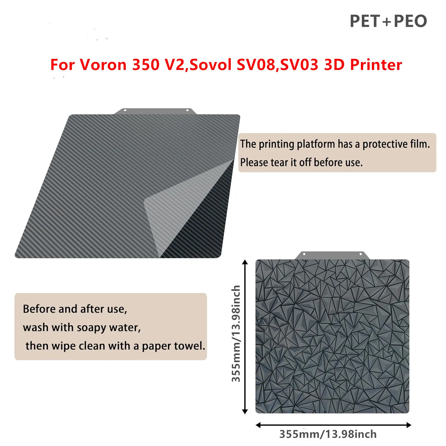 PEI-Blatt, 355 x 355 mm, doppelseitig, glattes PET-PEO-Federstahlblech, magnetische Bauplatte für Voron 350 V2, Sovol SV08 3D-Drucker