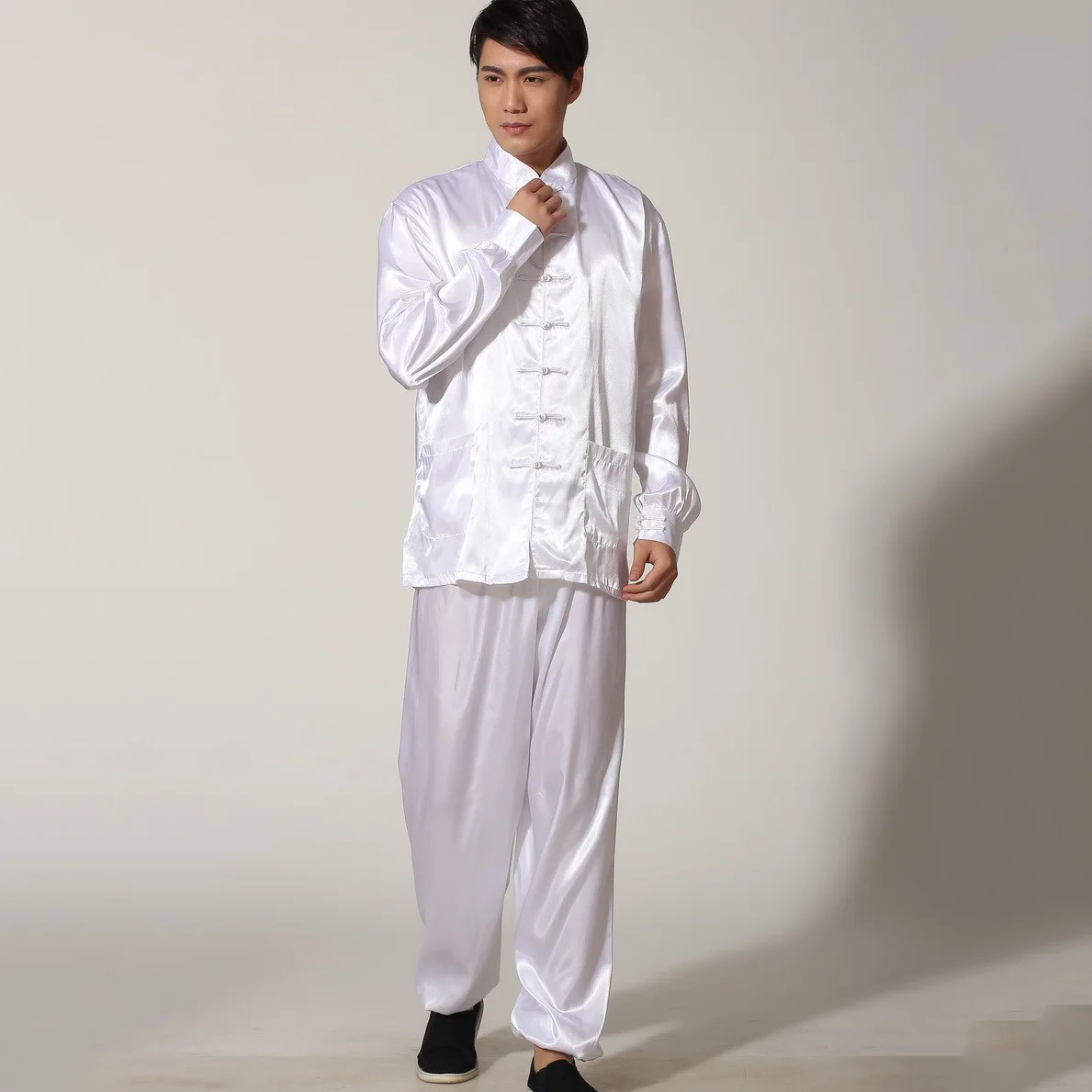 Gold Chinese Men's Satin Rayon Kung Fu Suit Vintage Tai Chi Sets Wu Shu Uniform Long Sleeve Clothing S M L XL XXL MS019 tai chi clothing chinese traditional costume chinese men hanfu top