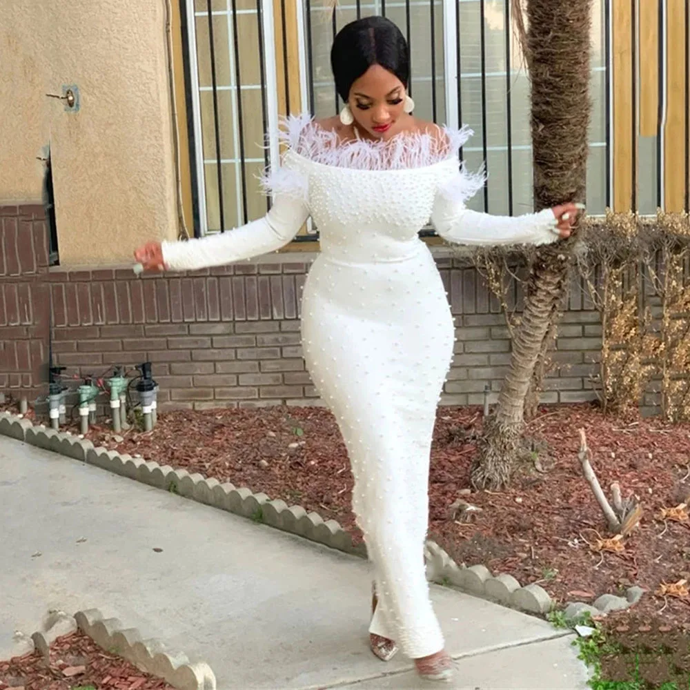 

Elegant White Full Sleeves Pearls Formal Evening Dresses With Feather Sheath Off The Shoulder Long Black Girl Prom Gowns
