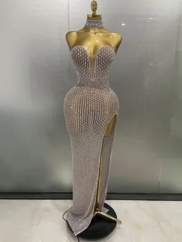 2025 Luxurious Full Rhinestones Mesh Transparent long dress Women Birthday Celebrate Evening Prom Dress party Club Stage Costume 1