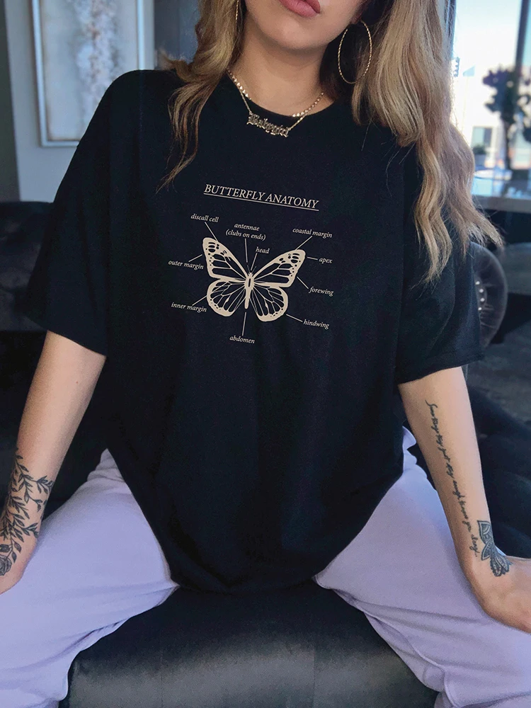 

Женские футболки с рисунком бабочки и анатомии, модные футболки оверсайз в стиле хип-хоп с коротким рукавом и круглым вырезом, Женская хлопковая одежда