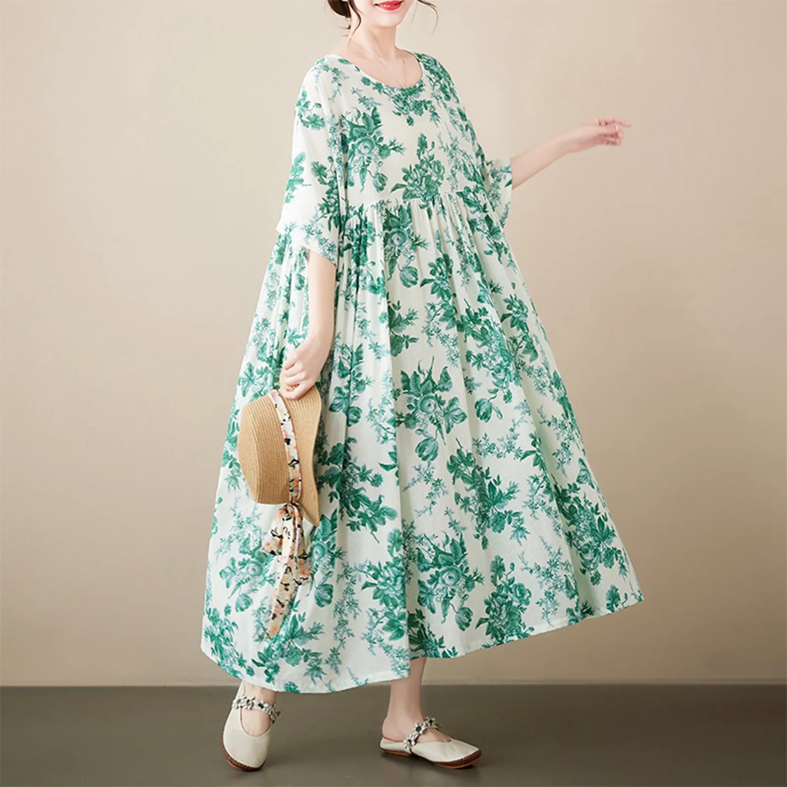 

Summer Women'S Simple And Elegant Cottagecore Bohemian Summer Dress Loose Fit Flattering Short Sleeve Maxi Dress