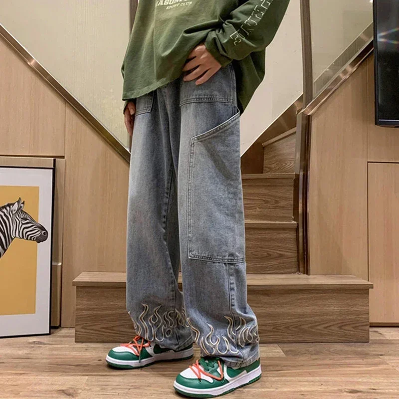 2024 Flame Embroidered Men's Off Duty Loose Wide Leg Jeans Straight Wide Leg Personalized Youth Casual Denim Trousers Men's 5