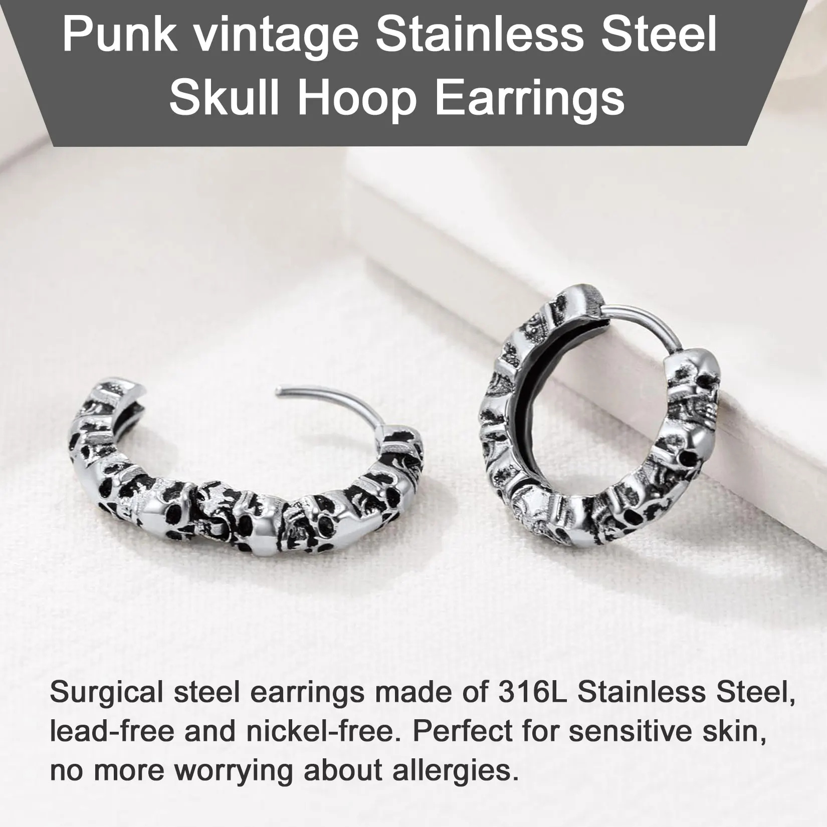 U7 Skull Hoop Earrings Black Metal Color Stainless Steel Gothic Skeleton  Halloween Studs 