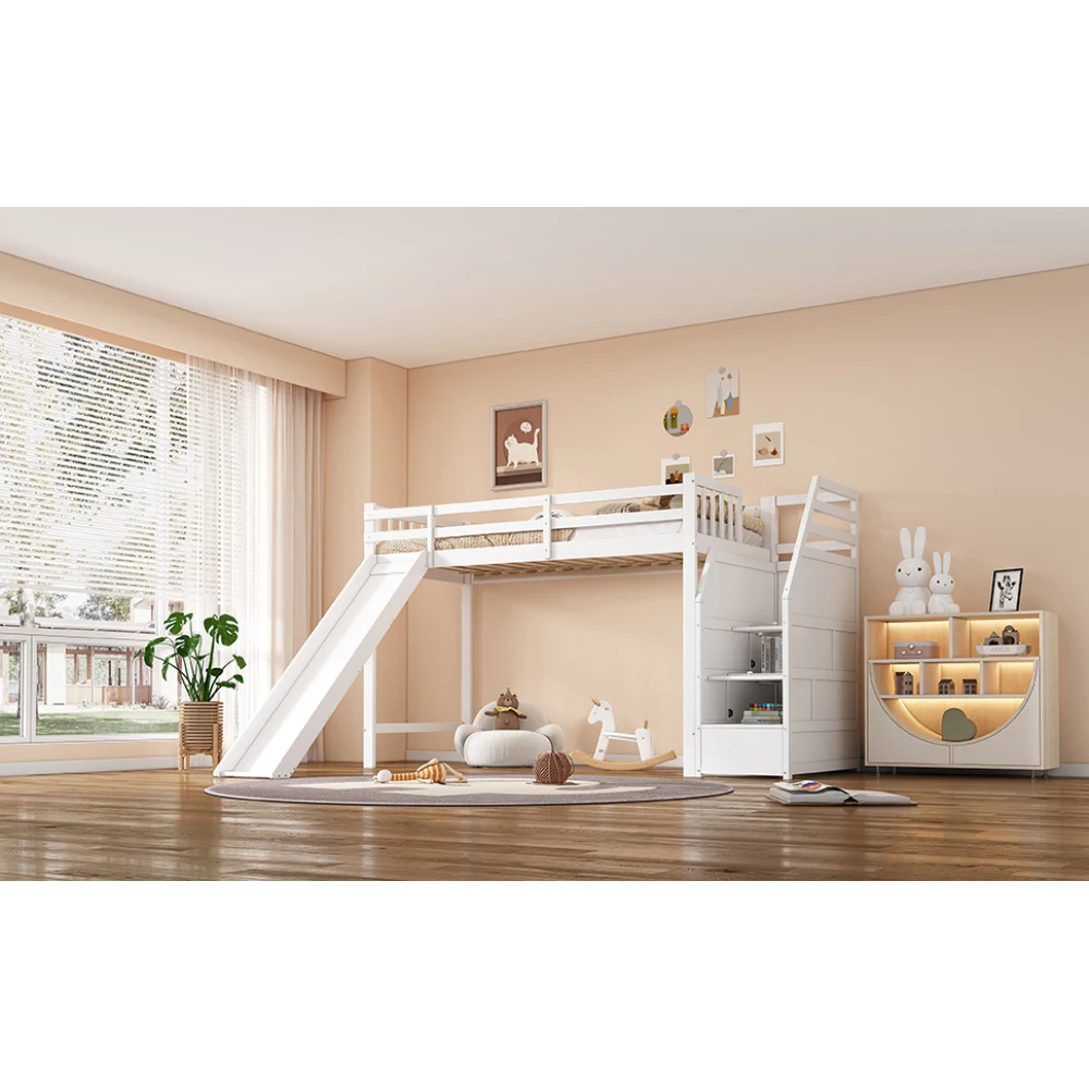 Etagenbett 90 x 200 cm – Sicherheitsbett für Kleinkinder mit Rutsche, abnehmbarem Zaun und optionaler Schienenposition, Stauraum, keine Matratze – Detail 25