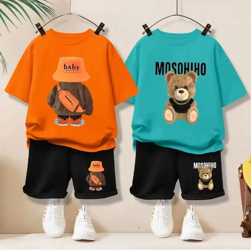 

Летний комплект одежды для маленьких мальчиков и девочек, детские футболки и шорты с рисунком медведя из мультфильма, костюм из двух предметов, спортивный костюм