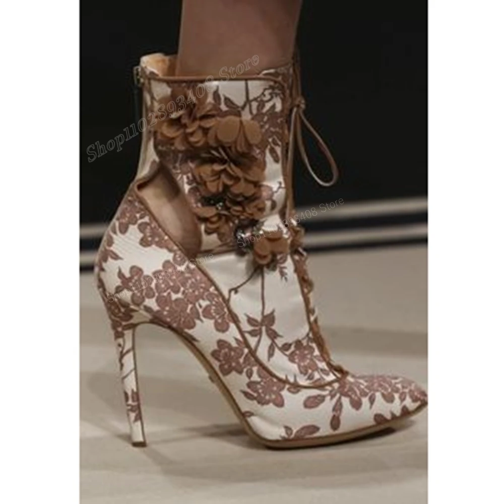 

Pink Flower Pattern Cross Tied Ankle Boots Pointed Toe Stiletto High Heel Runway Style Women Shoes 2024 Sexy Zapatos Para Mujere