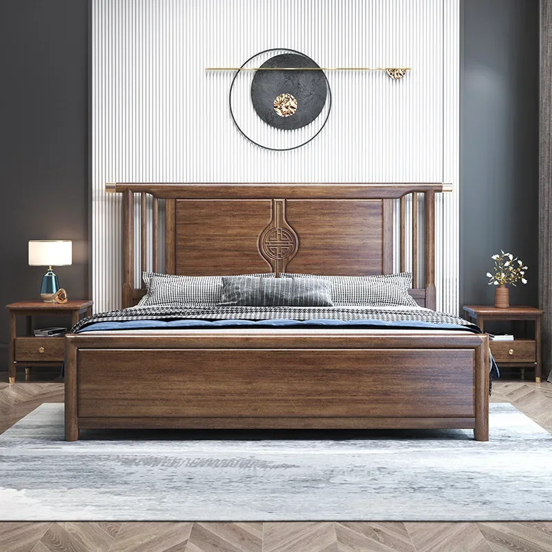 

Private custom Walnut solid wood bed high box storage double bed simple modern master bedroom wedding bed light luxury furniture