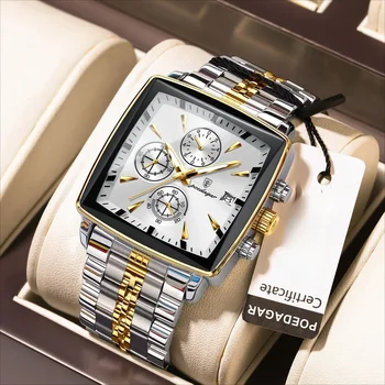 POEDAGAR Luxury Square Sport Man Wristwatch Waterproof Luminous Chronograph Quartz Men's Watches Stainless Steel Men Watch