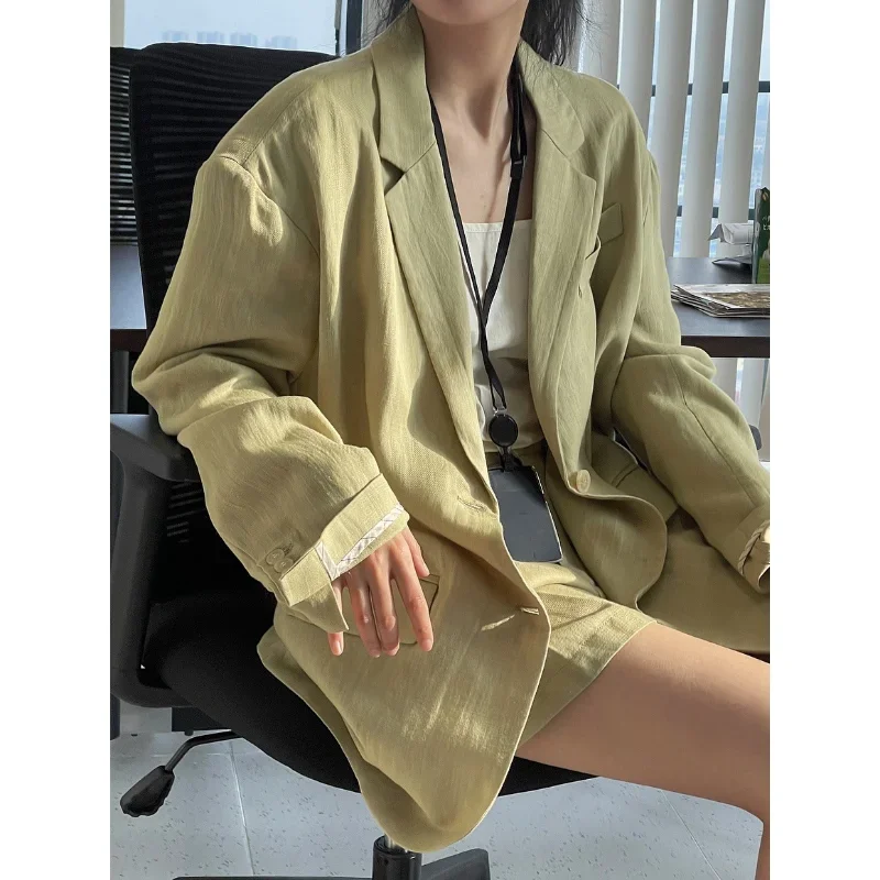 

Women Thin Blazers Korean Version Coats Lyocell Linen Suit Retro Loose Silhouette Slim Sun Protection Green Coffee Light Tops