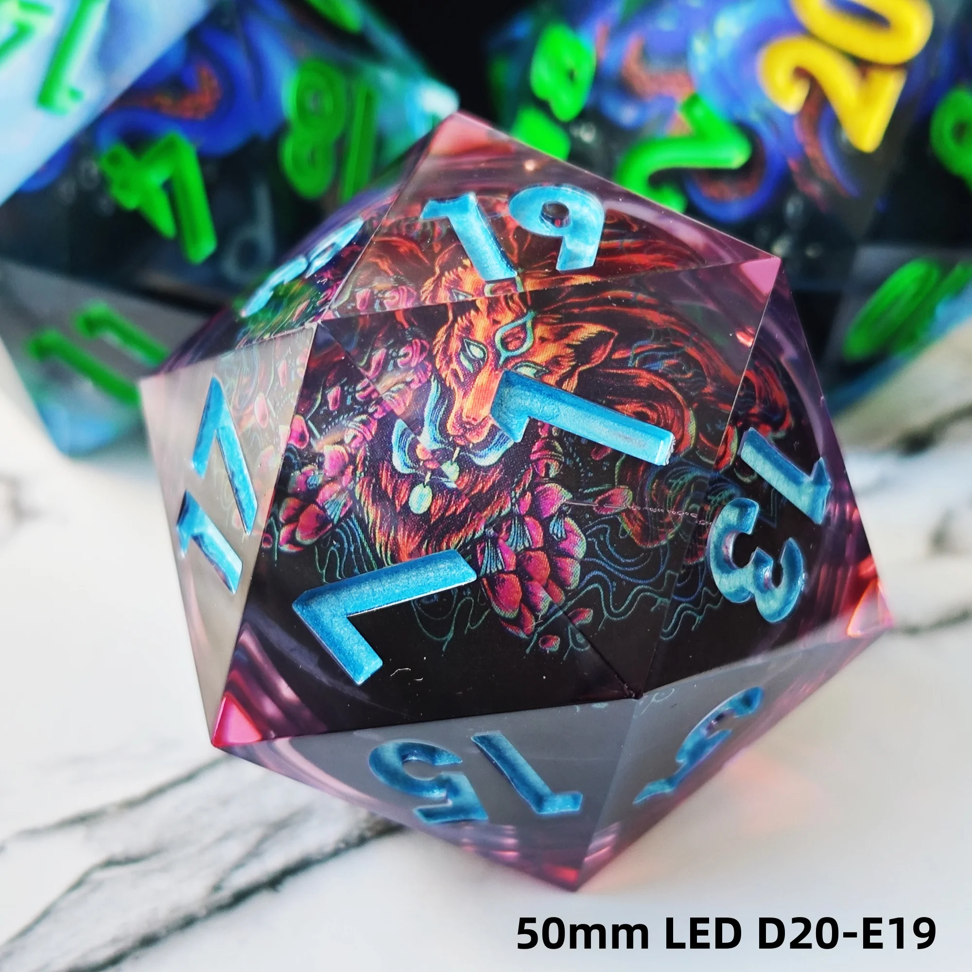 MINI PLANET Octopus Fox LED 50mm D20 Dice Huge Polyhedral Resin 20 Side Dice For RPG Board Game DND D20 Sharp Edges