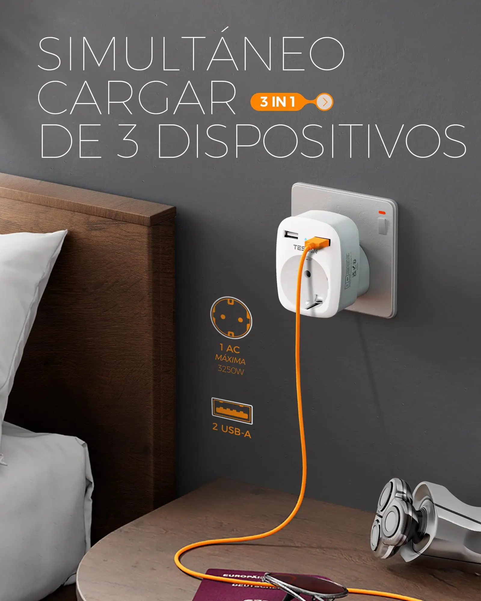 Plug Adapter Wall Socket Extender TESSAN European to UK Travel Portable with 1 Outlet +2 USB Ports Type G Plug England