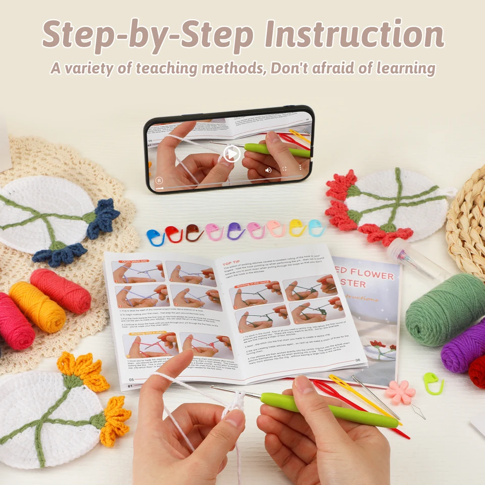 Crochet Kit Crochet Hooks Crochet Needles KRABALL Coaster Crochet Kit for Beginners With Instruction Knitting Yarn Thread Needles Hook Easy Knit Accessories Set DIY Craft