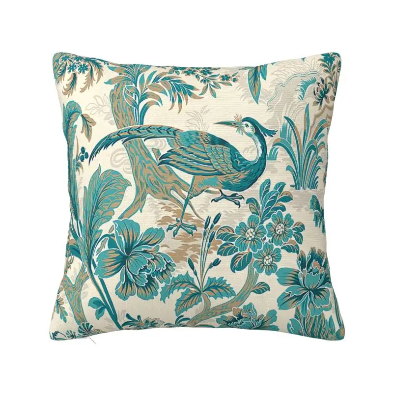 

Peacock Blue And Metallic Bird Toile Cushion Covers Soft Toile De Jouy Motif Throw Pillow Sofa Car Square Pillowcase Home Decor