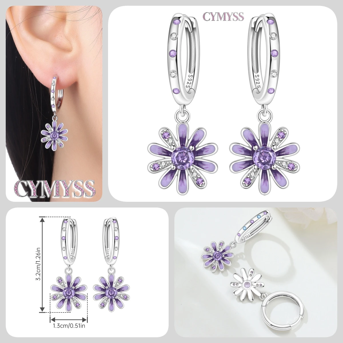 925 Sterling Silber Nadel-Ohrringe mit Lila Zirkon, Asymmetrisches Blumen-Design, Hochwertige Mode-Schmuckstücke für Hochzeit und Partys, Geschenke für Frauen – Detail 19
