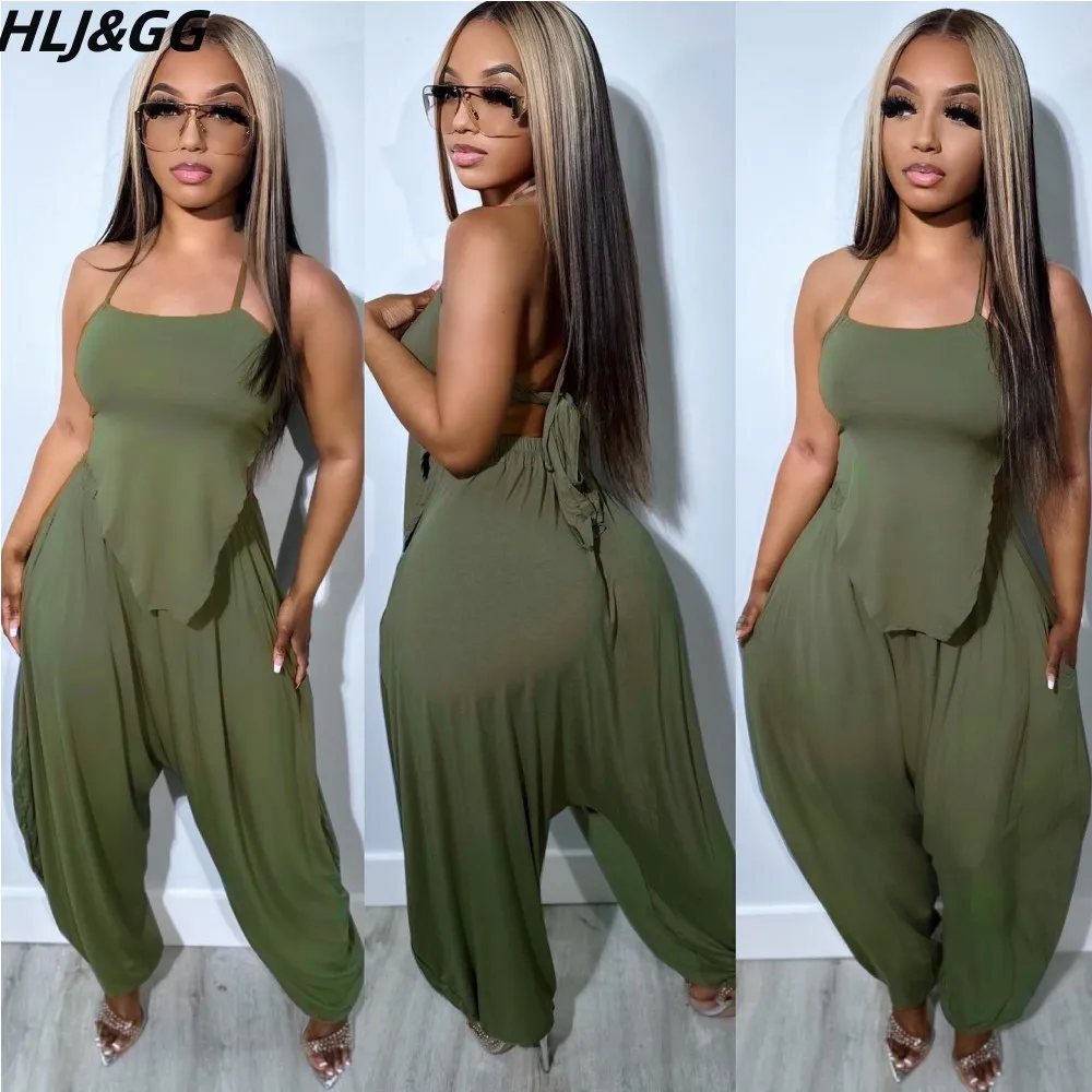 HLJ&GG Casual Irregular Tank Tops And Loose Pants Two Piece Sets Women Solid Color Matching 2pcs Outfit Summer Street Tracksuits fagadoer fashion tie dyed denim gothic street style women off shoulder sleevless backless irregular top and mini skirts 2pcs set