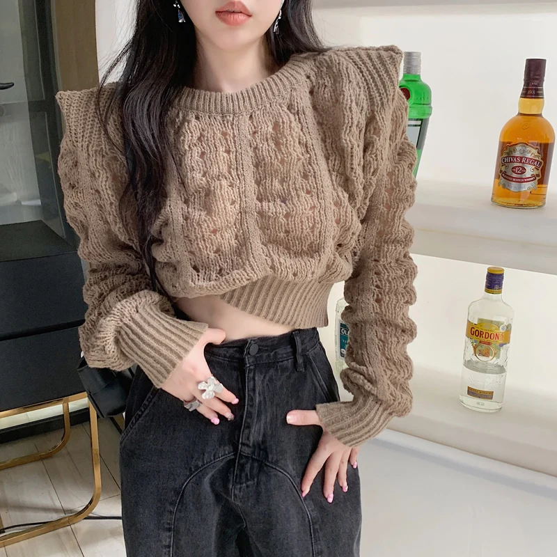 

Cropped Thin Cutout Puff Sleeve White Twist Sweaters for Women 2023 Knitted Top Sueters Mujer Jumper Pullover Shirts Sweater