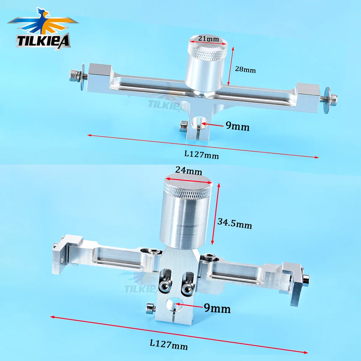 Vue rapprochée de la barre en T aluminium 127mm pour bateau RC, avec finitions jaune et violet, montrant la compatibilité tube 1/4 pouce.