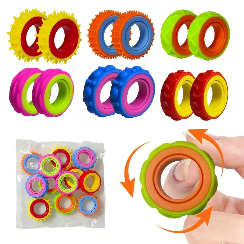 Rotating Fidget Toys Sensory Rings for Kids 6PCS Finger Spinner ADHD Quiet Stress Relief Gifts Classroom Prize Stocking Stuffers - 2