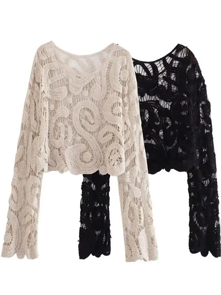 

MESTTRAF Women 2023 Sexy Y2K Hollow Out Crochet Knitted Women Sweater Vintage Long Sleeve Loose Jumper Pullover Female Crop Tops