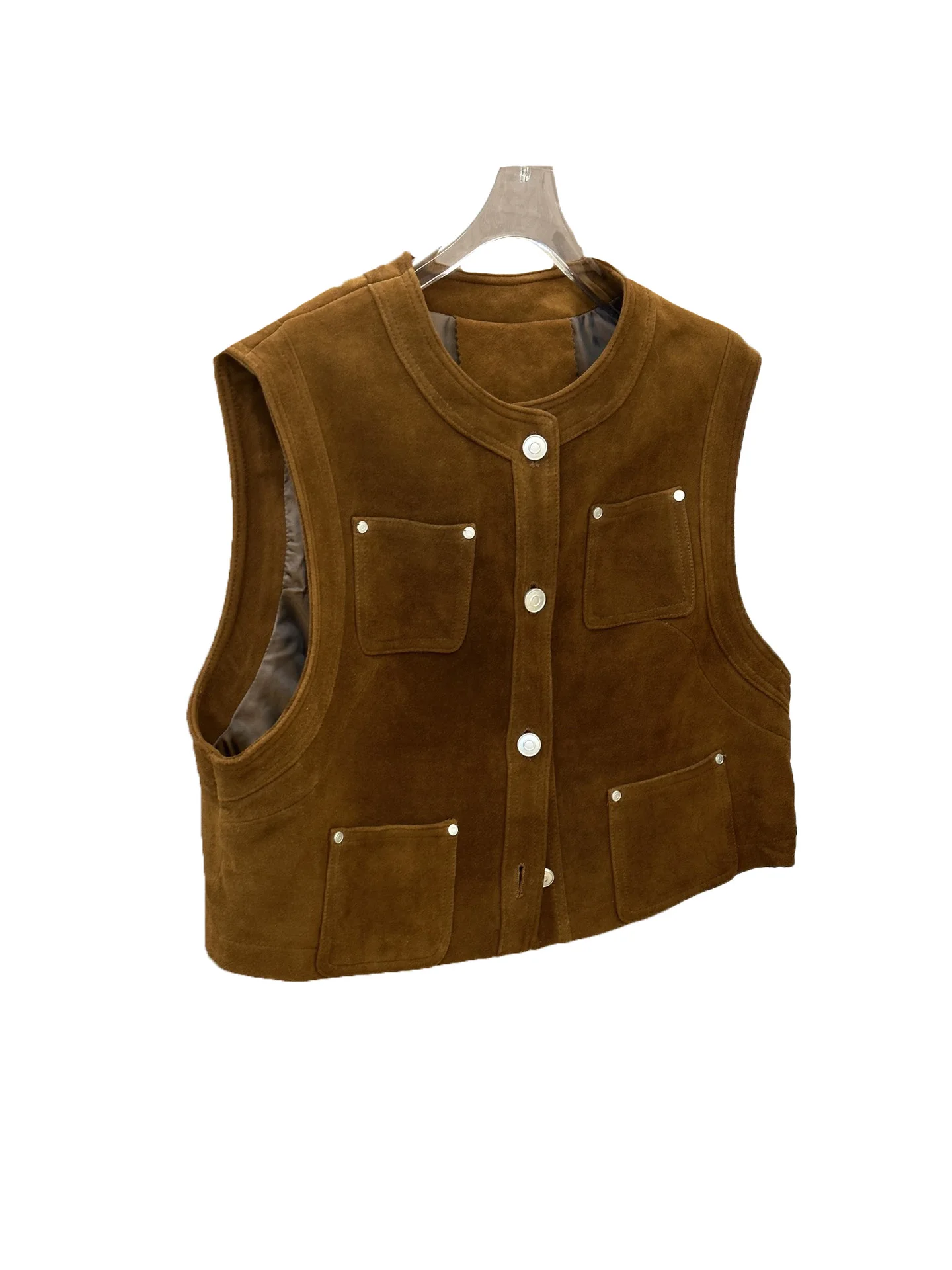 

Waistcoat jacket round neck short loose version hit colour single-breasted design warm and comfortable 2023 winter new 1226