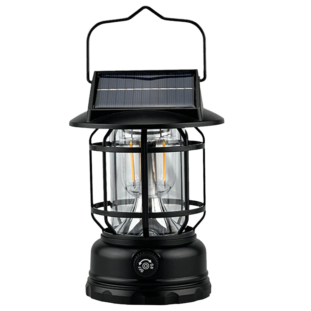 Solar Powered Outdoor Camping Lantern with Knob Hanging Retro Lantern Dimmable Handheld Camp Lamp for Hiking Emergency
