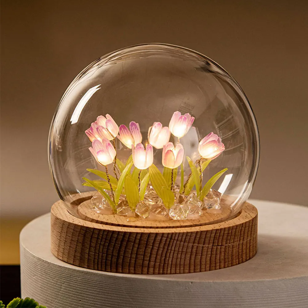 

Tulip Flower Night Light With Glass Cover Handmade DIY Bedside Light LED Night Lamp Table Desk Lamp Bedroom Decor USB Mood Light
