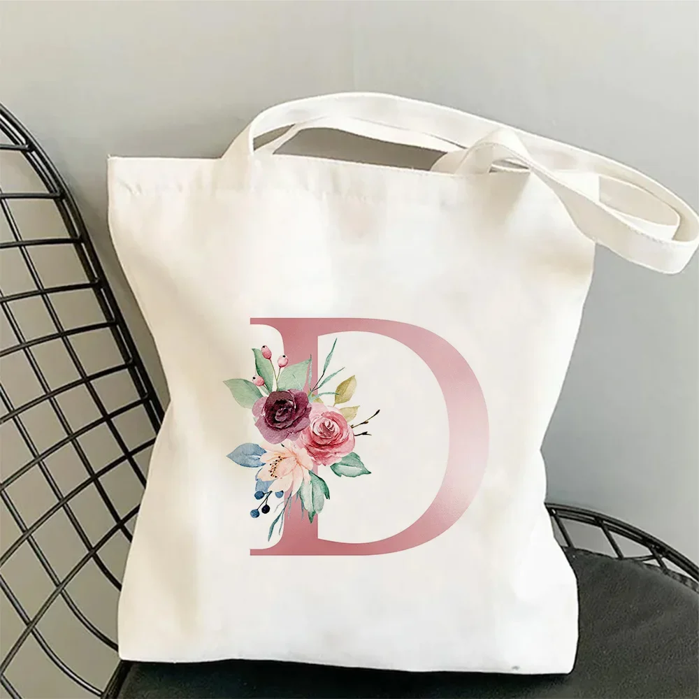 Damen ABC Canvas Tote Umhängetasche Aquarell Blumen Initiale Rosa Blau Lila Blumen Minimalistisch Lässig Öko Handtasche Damen Tasche – Detail 8