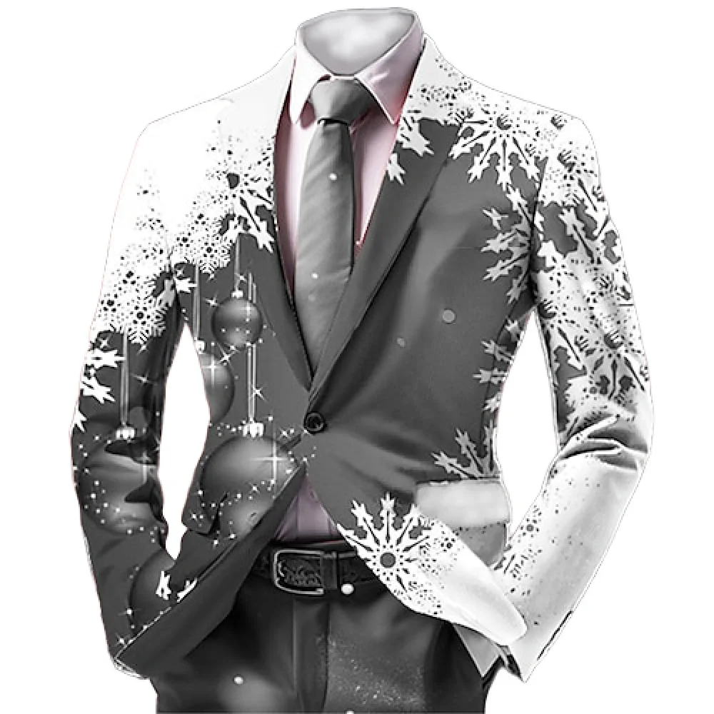 Christmas Snowflake Men Suit Blazer 3D Fun Xmas Printed Men Long Sleeve Jacket New Year Fashion Party Coat with Tie