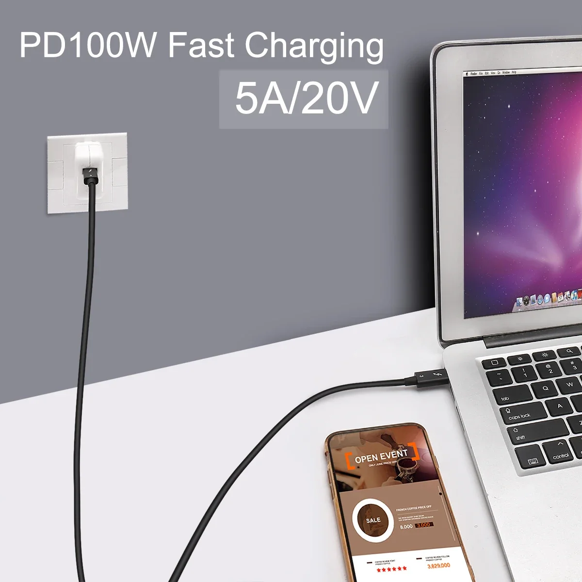 맥북 프로 충전기용 선더볼트 케이블, USB C-USB C 케이블 PD, C타입 수-수 5K, 3 0.3M, 0.5M, 0.8M, 100W, 40G